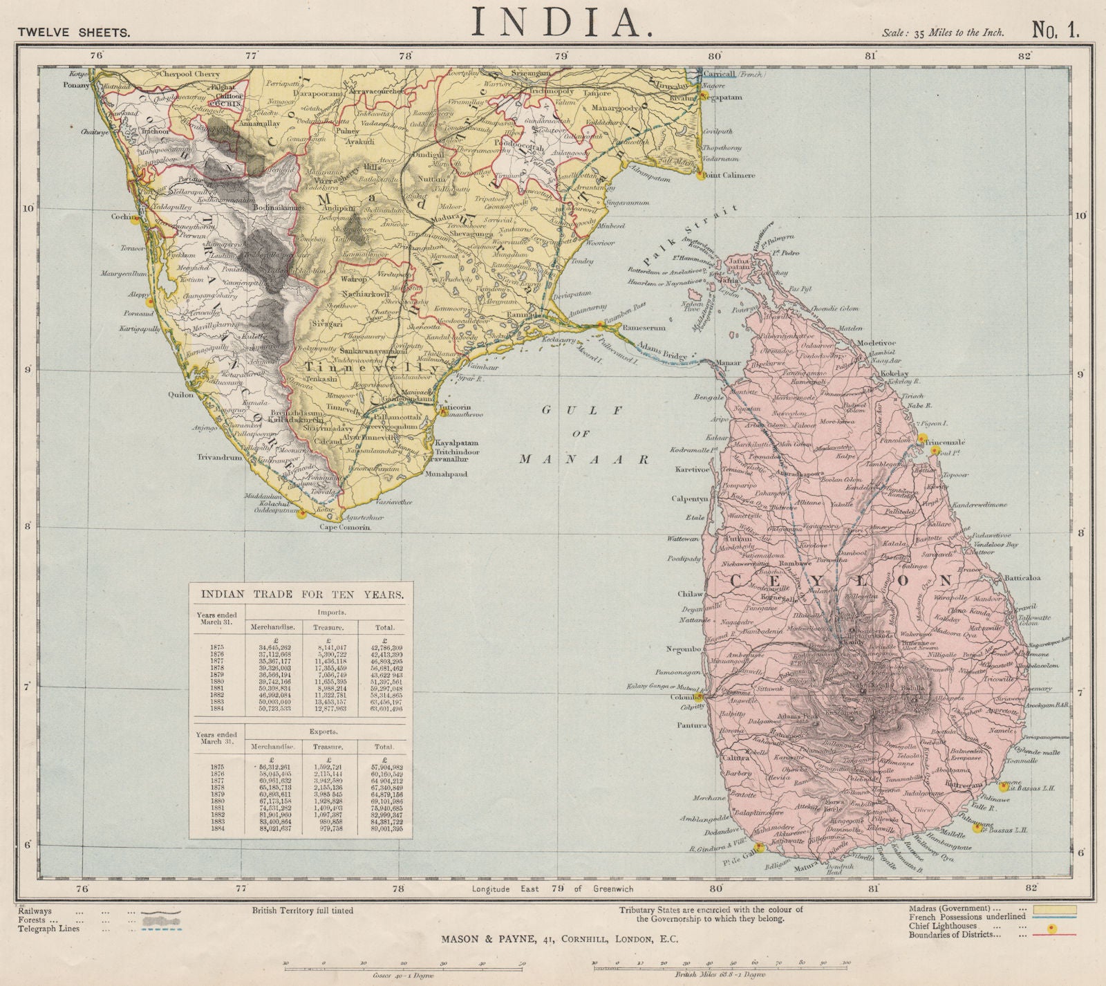 SOUTH BRITISH INDIA & CEYLON SRI LANKA Cochin Kerala Lighthouses. LETTS 1889 map
